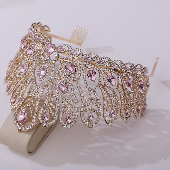 Princess gold crown, Pink Crystal Crown, Peacock Tail Shape, Stunning Headpiece - Picture 3 of 4